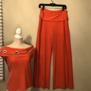 Two piece Pantsuit w/ gold chain through neckline